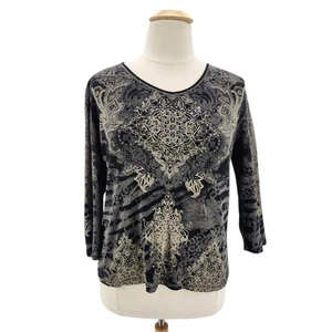 Jess & Jane Womens XL Top Boho Rhinestone Black Gray Abstract Tunic V-neck Bling - Picture 1 of 8