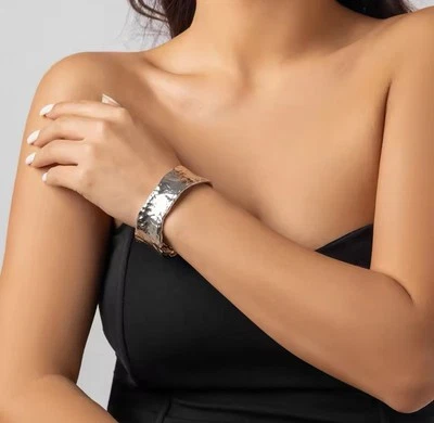 Silver Open Cuff Bangle Bracelet Hammered Irregular Shape Nice Finish NEW - Image 1 of 3