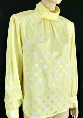 Blusa Retro Vintage Años 80 Amarillo Shapley Pellizco Plisado Tortuga Capucha Obispo L Foto 1 de 4