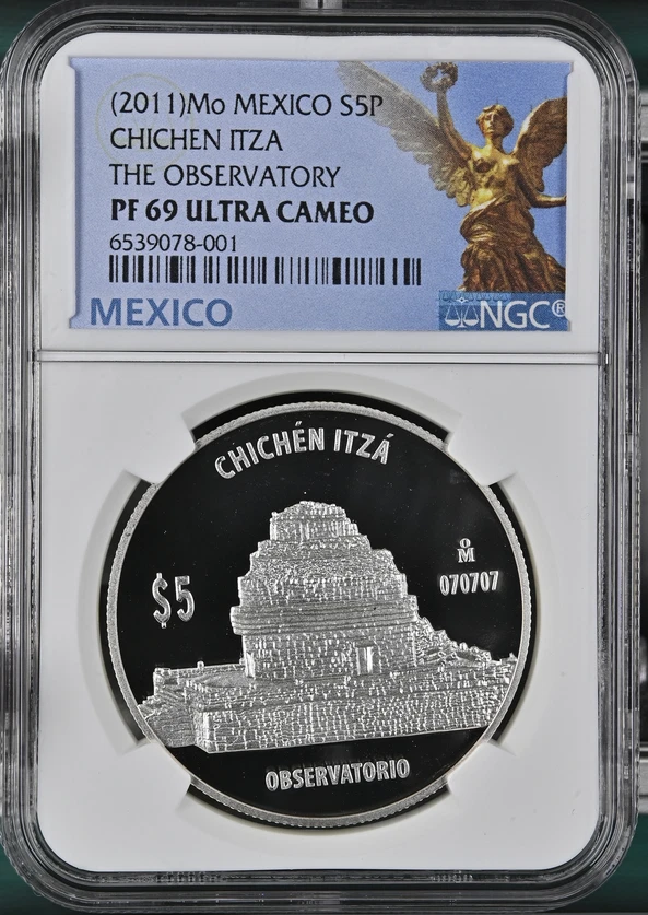 :2011 Mo 5 PESOS MEXICO CHICHEN ITZA OBSERVATORIO KM#946 NGC PR 69 UCAM RARE R6  - Image 1 of 2