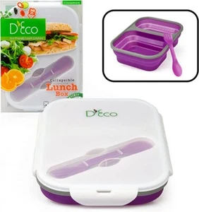 Lunch Box Silicone Collapsible with Two Compartments & Spoon. Purple - Picture 1 of 3