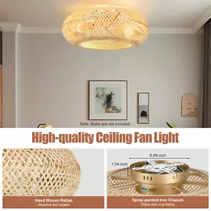 20" Farmhouse Boho Rattan Woven Bamboo Ceiling Fan with Light & Remote Control ! - Picture 1 of 12