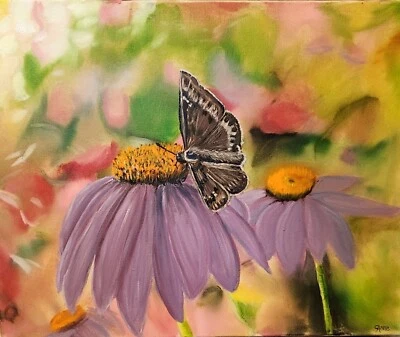Original Oil Painting by Artist Corrinne Anne Butterfly Flowers 16x20" Canvas - Image 1 of 4