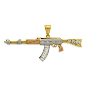 14K Solid Tricolor Gold Mens CZ Rifle Gun Necklace Pendant Charm Italy