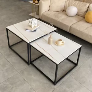 Square Marble Nesting Coffee Table Set of 2 Living Room End Side Accent Tables - Picture 1 of 22