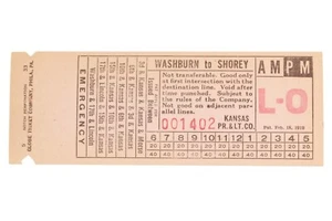 Kansas Power & Light Bus Transfer Washburn to Shorey Kansas Topeka KS 1938 - Picture 1 of 1