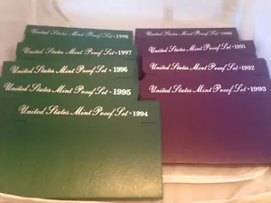 1990 - 1998 Nine Annual United States Mint Proof Sets 45 Coins With Box And COA - Picture 1 of 1