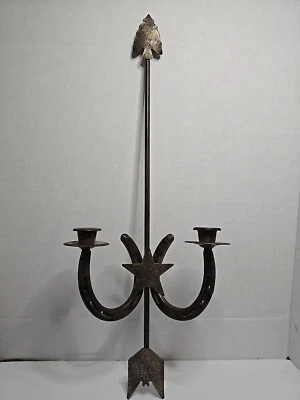 Flecha de metal herradura vela colgante de pared decoración rústica indio occidental usada  Foto 1 de 4