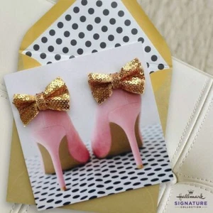 Hallmark Birthday Card by Signature ~ Real Gold Bow Shoe Clips ~ Gold Sequins - Picture 1 of 1