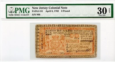 New Jersey Colonial Note Fr#NJ-151 April 8, 1762 6 Pounds PMG VF-30 - Image 1 of 2
