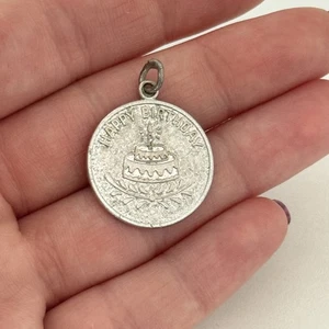 Vintage 925 Sterlingsilber Happy Birthday Kuchen Runde Medaille Charm Anhänger - Bild 1 von 5