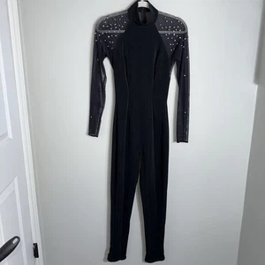 Tadashi Vintage Bodycon Jumpsuit-Black Mesh Rhinestones-Heel Stirrup-Small - Picture 1 of 12