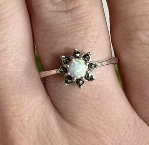 Fire Opal Marcasite Gemstone Ring 925 Sterling Silver Size T Stunning Crystal - Picture 1 of 4