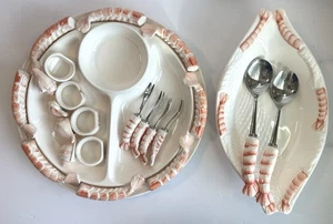 Vintage Shafford Japan Garnelen Meeresfrüchte Servierset, Gabeln, Bootsform Schale, Platte - Bild 1 von 20