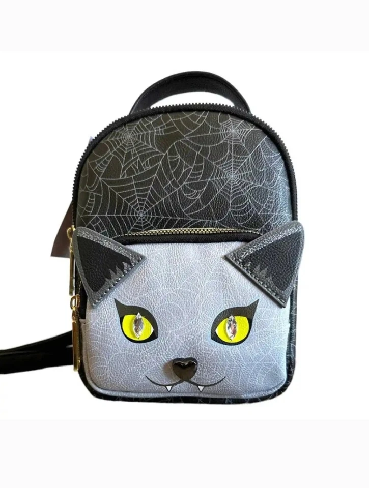 Mini Mochila Betsey Johnson Kitsch Vampiro Gato Telaraña Negra Gris Nueva Foto 1 de 4