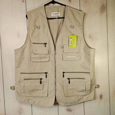 Men's Fishing Hunting Travel Khaki Tan Multi Pocketed Vest XL 14 Pocket OlympinA - Image 1 of 4