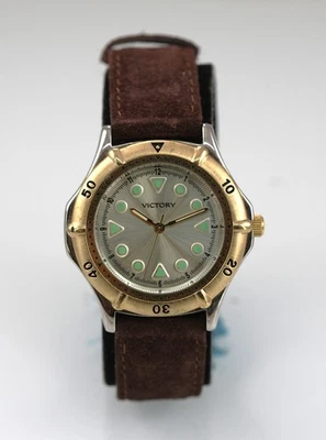 Victory Watch Men Silver Gold Stainless St WR Brown Leather Champagne Quartz - Image 1 of 4
