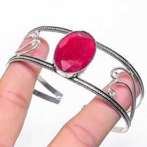 Ruby(Simulated) Gemstone 925 Sterling Silver Cuff Bangle Adjustable C626 - Picture 1 of 1