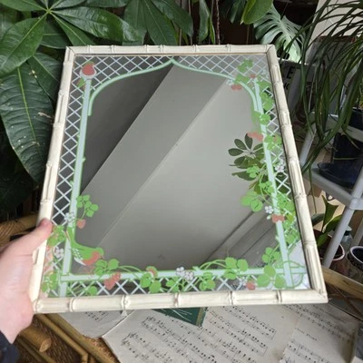 Vintage Wall Mirror 70s Braddell Enterprise Hand Paint Bamboo Frame Strawberrie  - Image 1 of 4