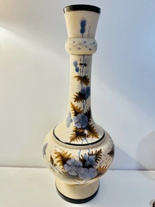 Antique Pottery Hand Painted Caramel Bristol Glass Vase BlueFloral Brown Leaves - Picture 1 of 24