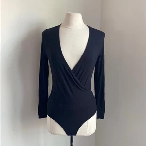 J. CREW Bodysuit Womens Sz Small Black Faux Wrap Long Sleeve Snap Close Deep V - Picture 1 of 6