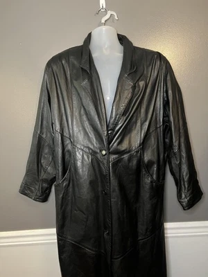 Vintage AVANTI Leather Coat Womens Medium Black Long Duster 3/4 Sleeve Lined 80s - Image 1 of 4