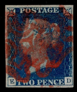 GB QV SG5, SCARCE 2d blue PLATE 1, USED. Cat £1400. RED MX ED - Picture 1 of 1