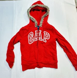 Kids Gap Jacket Size 8 Red Sherpa Lined Fur Trimmed Hooded Zip Up  - Picture 1 of 2