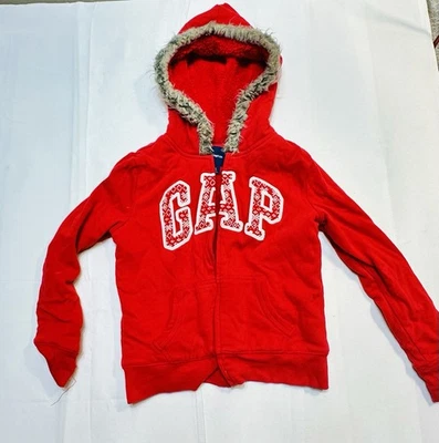 Kids Gap Jacket Size 8 Red Sherpa Lined Fur Trimmed Hooded Zip Up  - Image 1 of 2