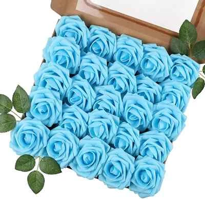 Set of 25 Artificial Blue Roses Real Looking Foam Roses w/Stem for Any Occasion - Image 1 of 4