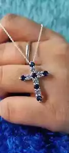 2.30 Ct Round Cut Lab-Created Blue Sapphire Cross Pendant 14K White Gold Plated - Picture 1 of 4