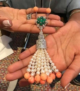 Multi Gemstone Tassel Necklace 925 Sterling Silver Cocktail Art Deco Joaillerie - Picture 1 of 3