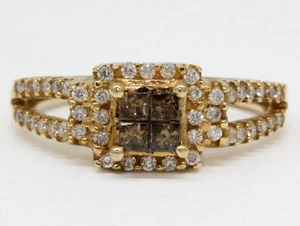 GORGEOUS 14K YELLOW GOLD RING WITH 0.50 CTW CHAMPAGNE AND WHITE DIAMONDS #F5 - Picture 1 of 5