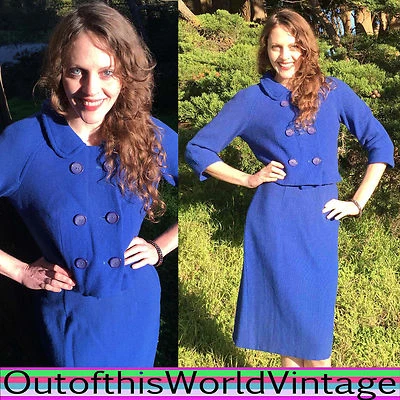 Vtg 60s MOD WOOL WIGGLE SUIT DRESS blue SECRETARY PIN UP Jacket Mad Men Era M L - Image 1 of 4