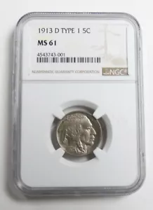 1913 D Type 1 Indian Head Buffalo 5 Cent Nickel UNC Coin Certified NGC MS 61 - Picture 1 of 2