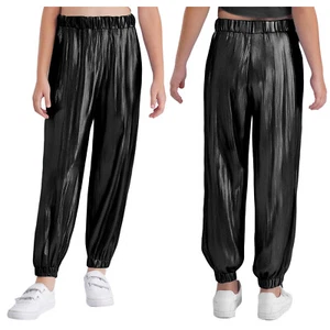Kids Girls Jazz Dance Metallic Shiny Ribbed Pants Stage Performance Costume - Picture 1 of 101