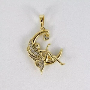 NEW 0.50 CT Round Cut Moissanite Angle With Moon Pendant 14k Yellow Gold Plated - Picture 1 of 4