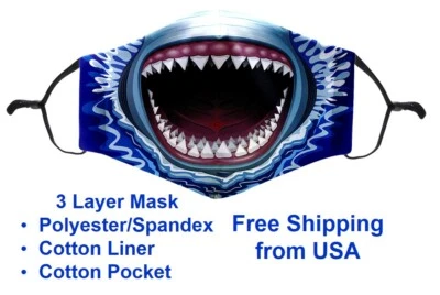 Shark Open Mouth Teeth Face Mask Halloween Costume Filter Reusable Fashion - Image 1 of 4
