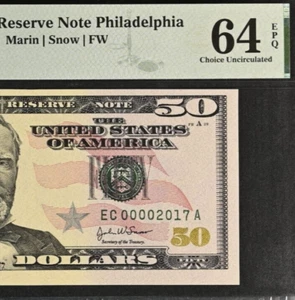 2004 $50 Federal Reserve Note PMG 64EPQ - Birthday Serial Number 00002017 - Picture 1 of 3
