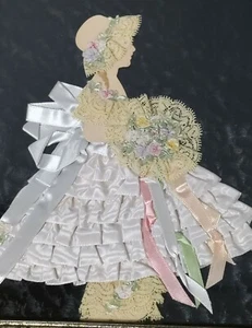 Art Deco Paper Doll Ribbon  Art Layered Gown & Lace  Framed Wall Picture - Picture 1 of 8