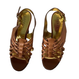 RALPH LAUREN SHAINA Slingback Heeled Sandals Leather Cognac Brown Women's Sz 9.5 - Picture 1 of 14