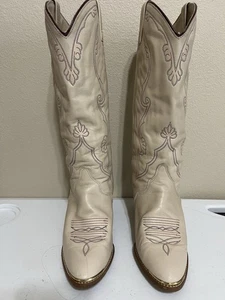 Vintage Acme Boots Women's 7 M Leather Cowgirl Western Rodeo Festival Beige - Picture 1 of 14