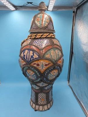 Jarrón antiguo morisco marroquí 34,5" × 13" azul blanco cerámica urna tarro filigrana Foto 1 de 4