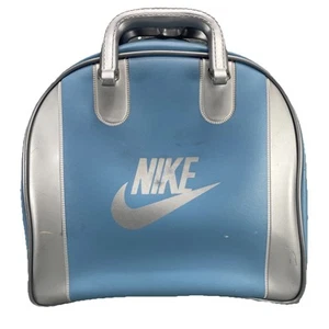 Vintage 80s Nike Bowling Bag Retro Baby Blue & Silver Sports Chic Handbag w/Rack - Picture 1 of 8