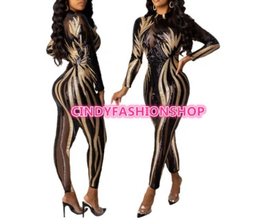 Mono ajustado de mujer con cuello en O manga larga con lentejuelas vendaje de club #Q4 Foto 1 de 4