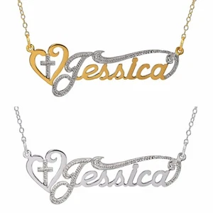 Personalized Sterling Silver Any Name Plate Script Necklace w/ Cross - Picture 1 of 5
