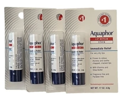 Pack de 4 barras reparadoras de labios Aquaphor 0,17 oz cada una | Selladas PARA LABIOS MUY SECOS NUEVAS.  Foto 1 de 4