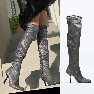 ZARA NUEVAS BOTAS BRILLANTES SOBRE LA RODILLA PLATEADAS BRILLO ELÁSTICAS 7.5, 9 | 3003/910 Foto 1 de 4