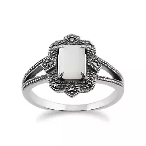 Art Déco Estilo Baguette Nácar y Marcasita Anillo En 925 Plata de Ley - Imagen 1 de 4