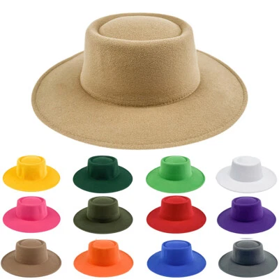 Women Elegant Large Wide Brim Felt Flat Top Hat Panama Church Derby Top Hat Gift - Image 1 of 4